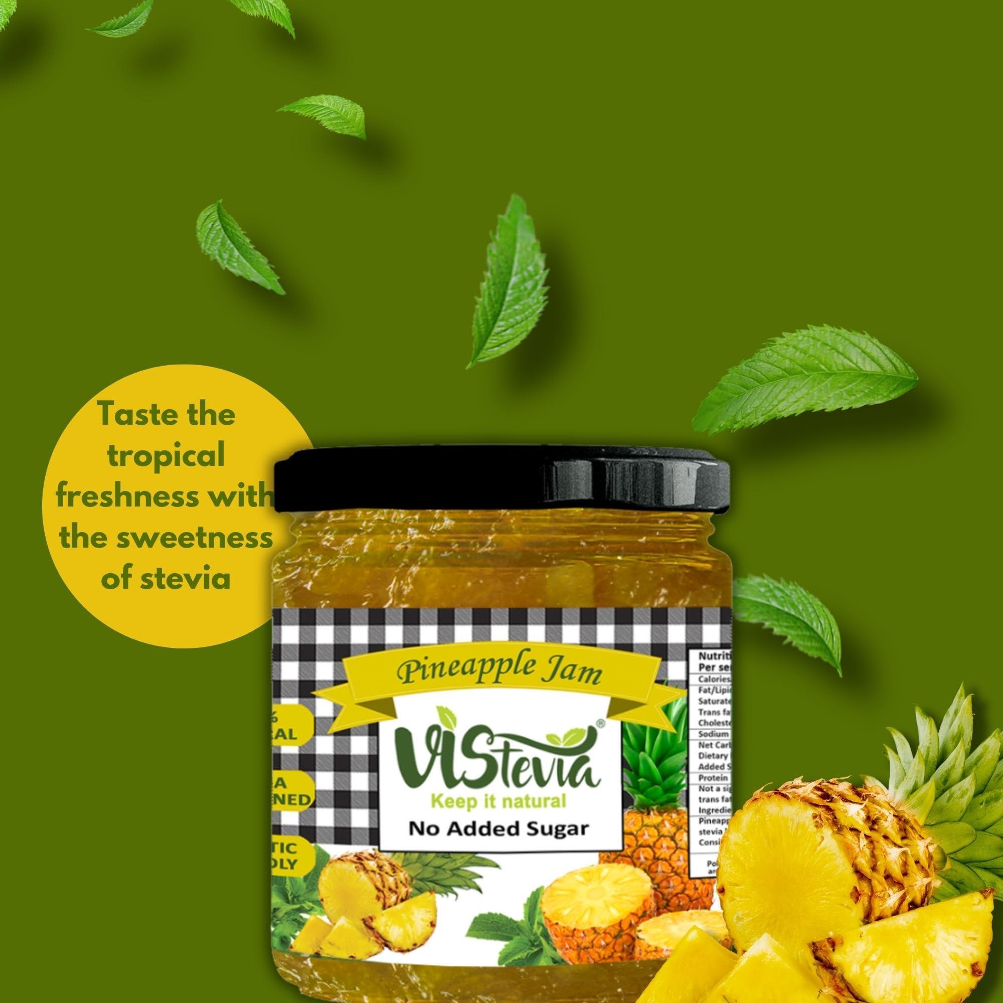 VISTEVIA Vistevia Sugar Free Pineapple Jam, Diabetic and Keto Friendly - Sweetened Naturally with Stevia, More Than 60% Pineapple Content - Tastes Delicious - Pack of 1 (220GM)