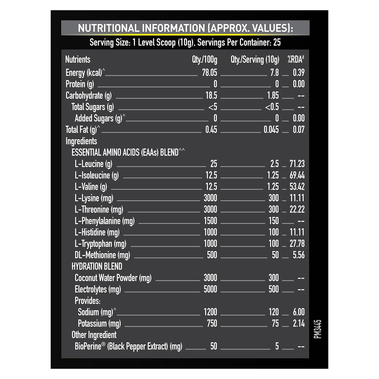 MuscleBlaze MuscleBlaze EAA 6000, 6000mg EAAs Blend Powder (Orange Flavour, 250g, 25 Servings) | 800mg Hydration Blend & 5mg Bioperine