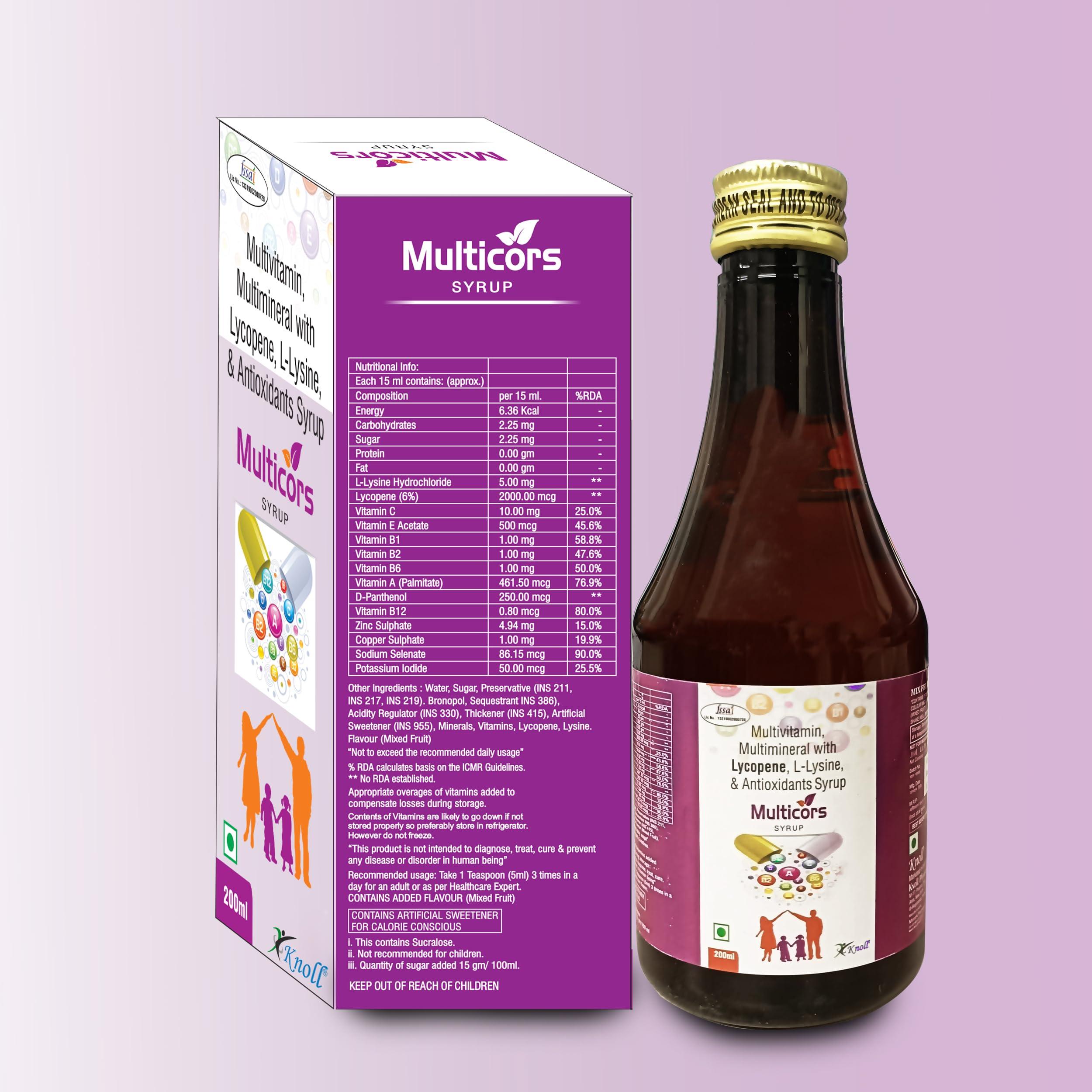 Knoll Healthcare Knoll Healthcare MULTICORS Multivitamin & Multimineral with Lycopene, L-Lysine, & Antioxidants Syrup 200ML