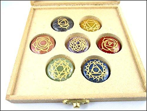 Jet International Crystal Energy Stones Jet Chakra Box With Round Reiki Engraved Gemstone A++ Sets Healing Crystal Therapy w/Pouch Palm Worry Thumb Stone Gift Easter Christmas Xmas Love Internal Strength