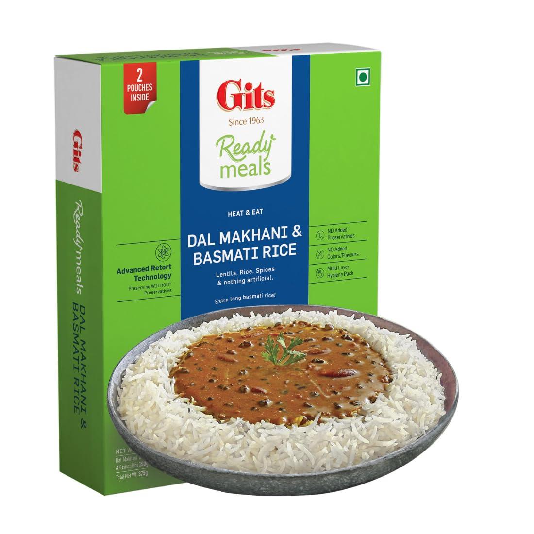 Gits Gits Ready to Eat Basmati Rice + Dal Makhani Combo Indian Meal, Pure Veg Heat and Eat, 1125g (Pack of 3 X 375g Each)