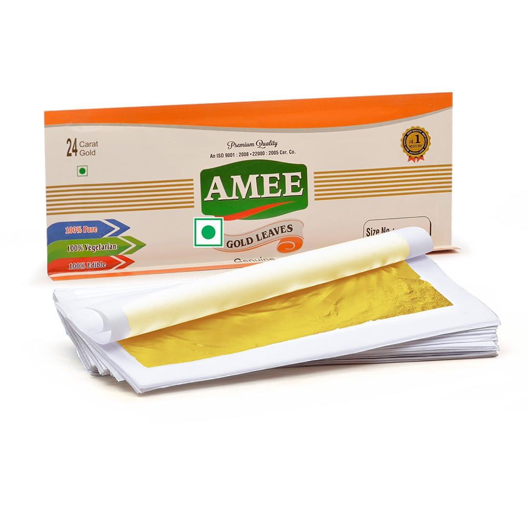 AMEE Amee Edible Gold Leaf Vark | 24K Gold Leaves | For Sweets Decoration, Cakes and Ayurvedic Medicine (3X5Inch - (4 Leaves Sheet X 1 Packet))