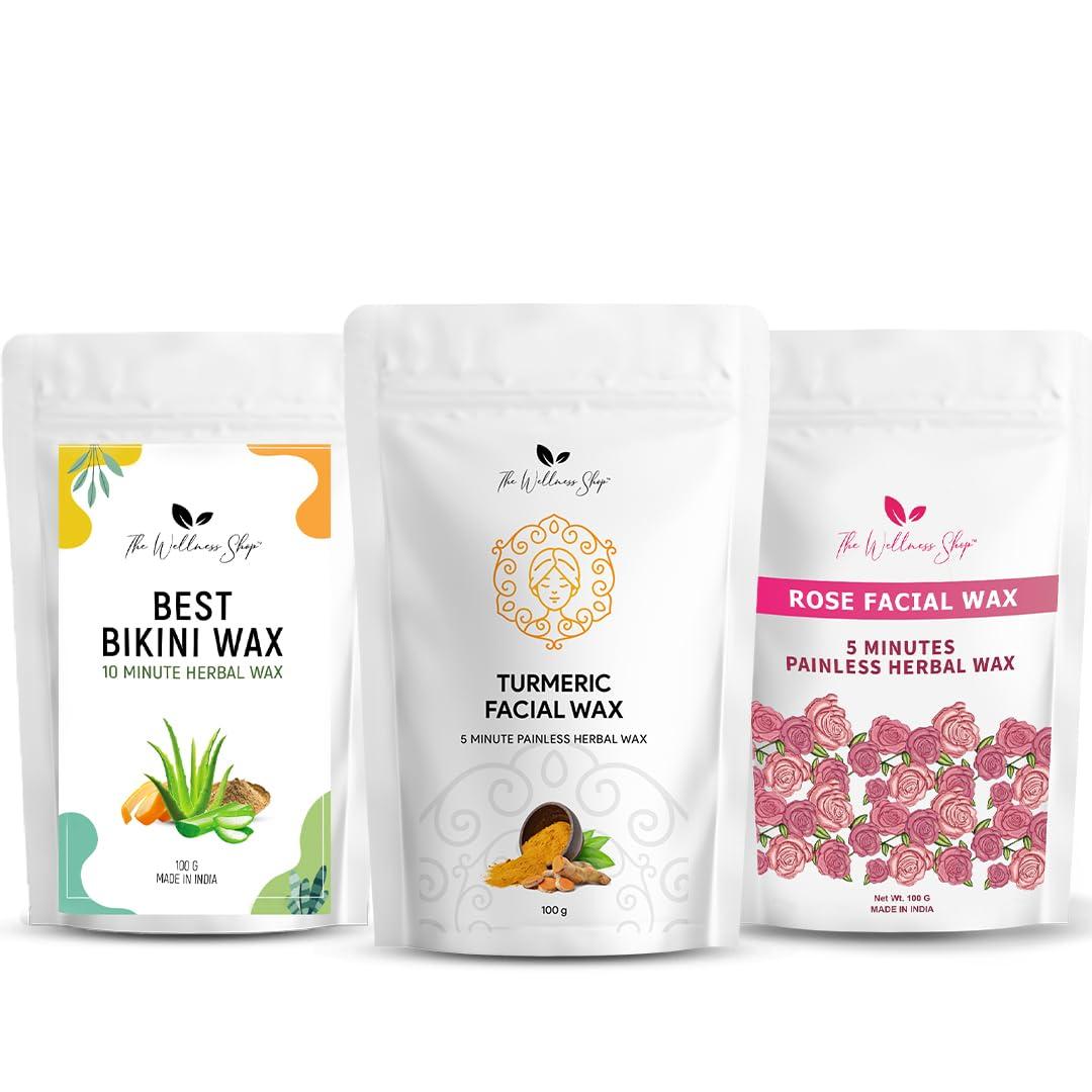 The Wellness Shop The Wellness Shop - Turmeric Facial Wax + Rose Facial Hair Removal + Bikini Wax - 5 Minute Painless Herbal Wax Powder All Type Skin For Women & Men, Pack of 1