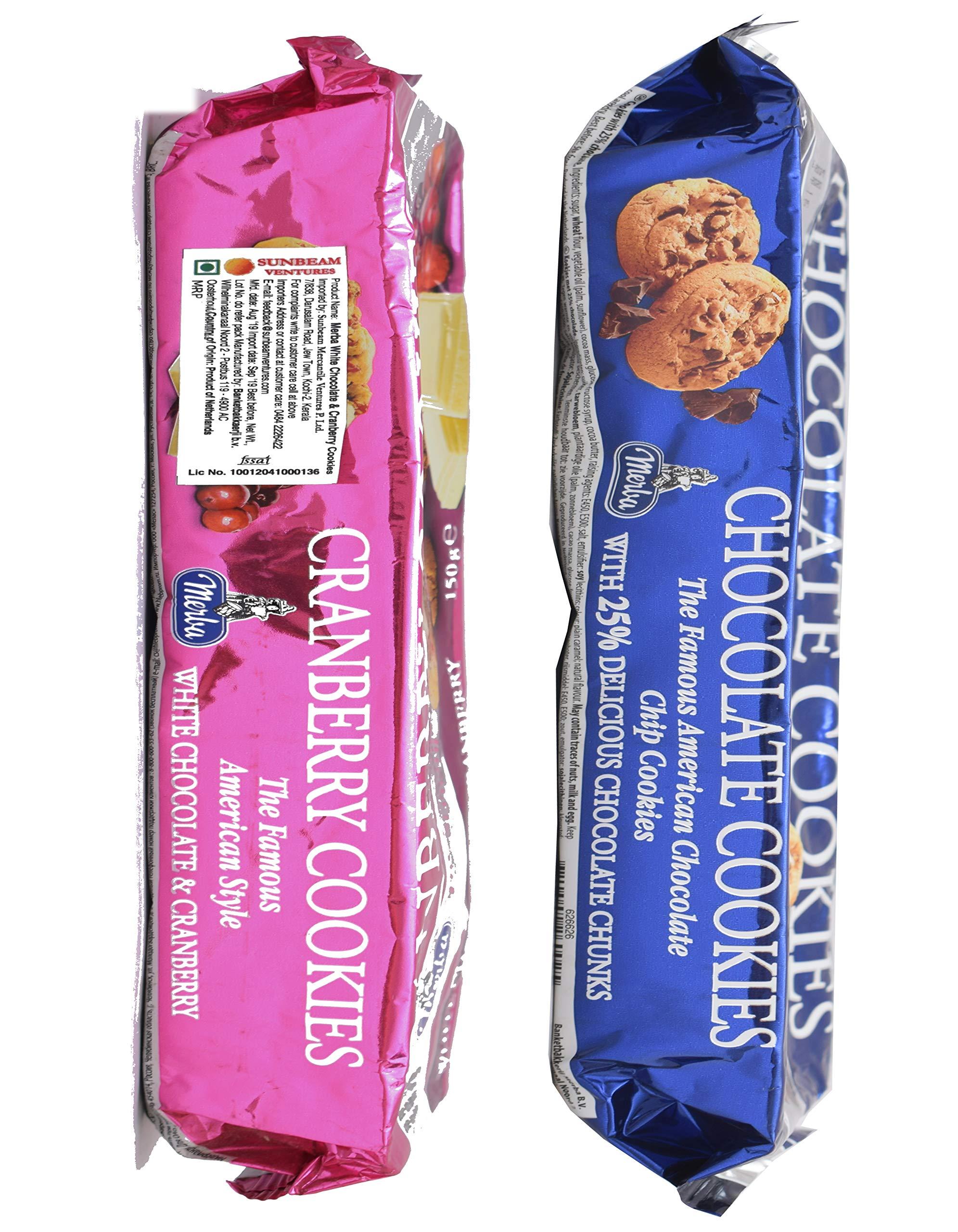 Merba Merba Chocolate Chip Cookies (25% chocolate) 150g & Merba White Chocolate & Cranberry Cookies 150g (Pack of 2)