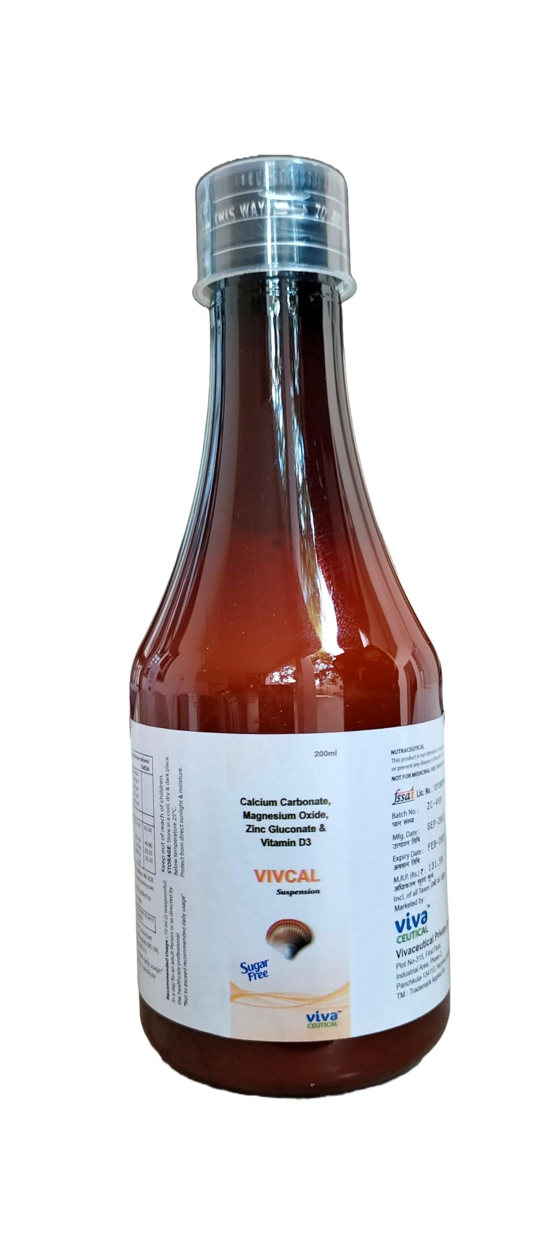 Vivaceutical Vivcal Suspension - | Calcium Carbonate, Magnesium Oxide, Zinc Gluconate & Vitamin D3 | 200ml