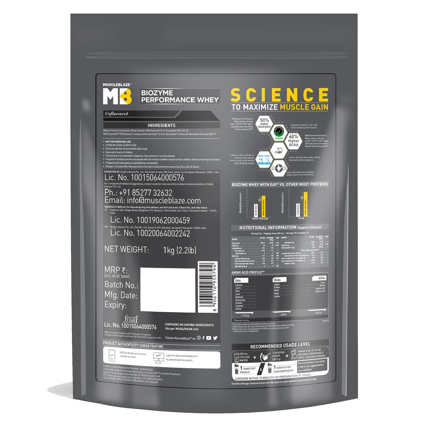 MuscleBlaze MuscleBlaze Biozyme Performance Raw Whey Protein | Clinically Tested 50% Higher Protein Absorption | Informed Choice UK, Labdoor USA Certified & US Patent Filed EAF (Unflavoured, 1 kg / 2.2 lb)