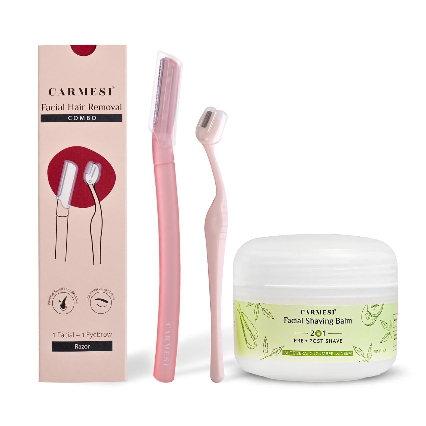 Carmesi Carmesi Women\'s Face Hair Removal Combo | 1 Face Razor, 1 Eyebrow Razor, 1 Facial Shaving Balm | Instant & Painless Hair Removal | For Eyebrows, Upper Lip, Forehead, Peach Fuzz, Chin and Sideburns