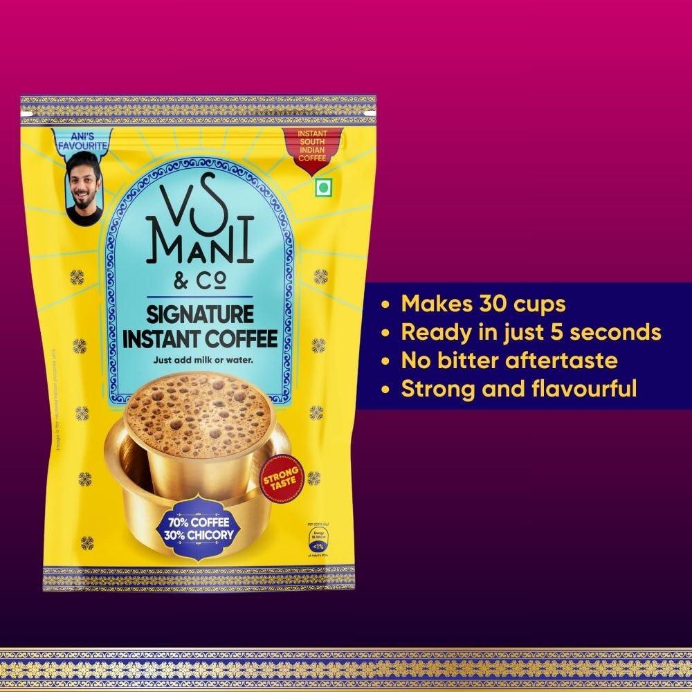 VS MANI & CO. VS Mani & Co Signature Instant Coffee Powder - Pack of 1 (100 gm) Makes 60 Cups - 60% Coffee and 40% Chicory - Strong and Aromatic Signature Instant Coffee, No Added Preservatives | Sugar |Flavours