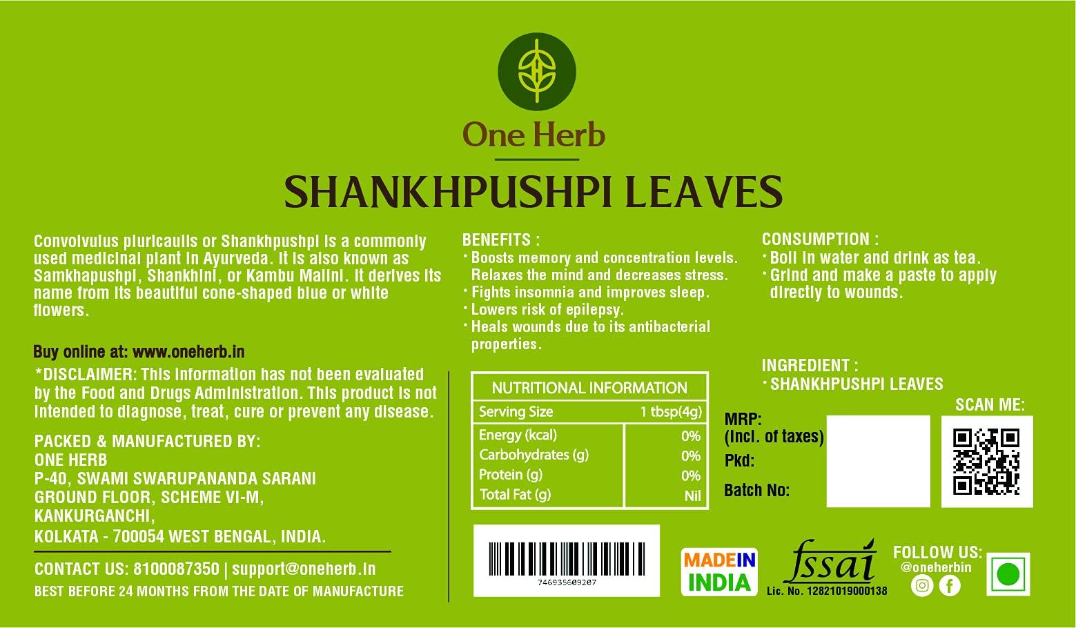 One Herb One Herb - Shankhpushpi Tea 100g, Superherb for Memory & Sleep, Helps with Headache, Herbal Tea, Caffeine Free