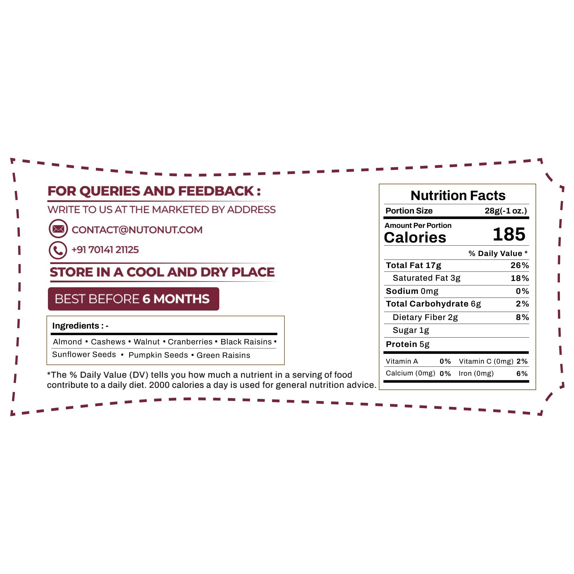 Nut O Nut Nut O Nut Healthy Mix Dry Fruits (Almond, Cashew, Walnut , Green And Black Raisin, Cranberry, Sunflower Seeds , Pumpkin Seeds) Nuts and Dry Fruits (Jar pack) 700g Power of 9 Dry Fruits Protein Rich Snack