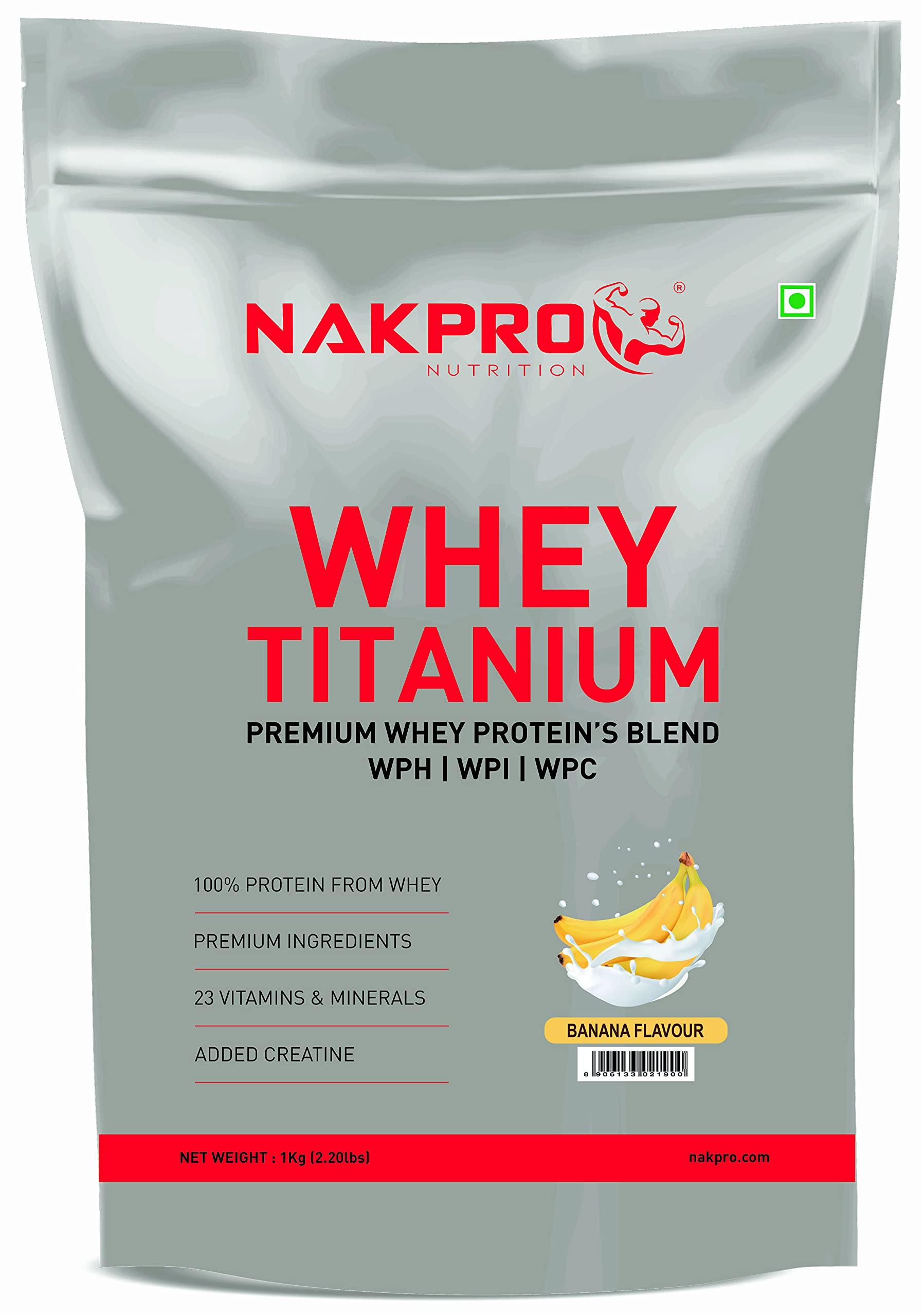 NAKPRO NAKPRO Titanium Tri Blend Whey Protein Hydrolyzed, Whey Protein Isolate & Whey Protein Concentrate | 24.04g Protein, 5.29g BCAA | Added Vitamins, Minerals & Creatine (2 Kg, Banana)