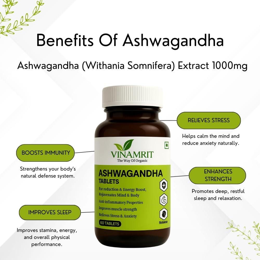 VINAMRIT Vinamrit Ashwagandha (1000 mg) for Stress Relief & Sound Sleep | Pure Root Withania Somnifera Extract | Improves Strength, Stamina and Muscle Recovery | 60 Tablets