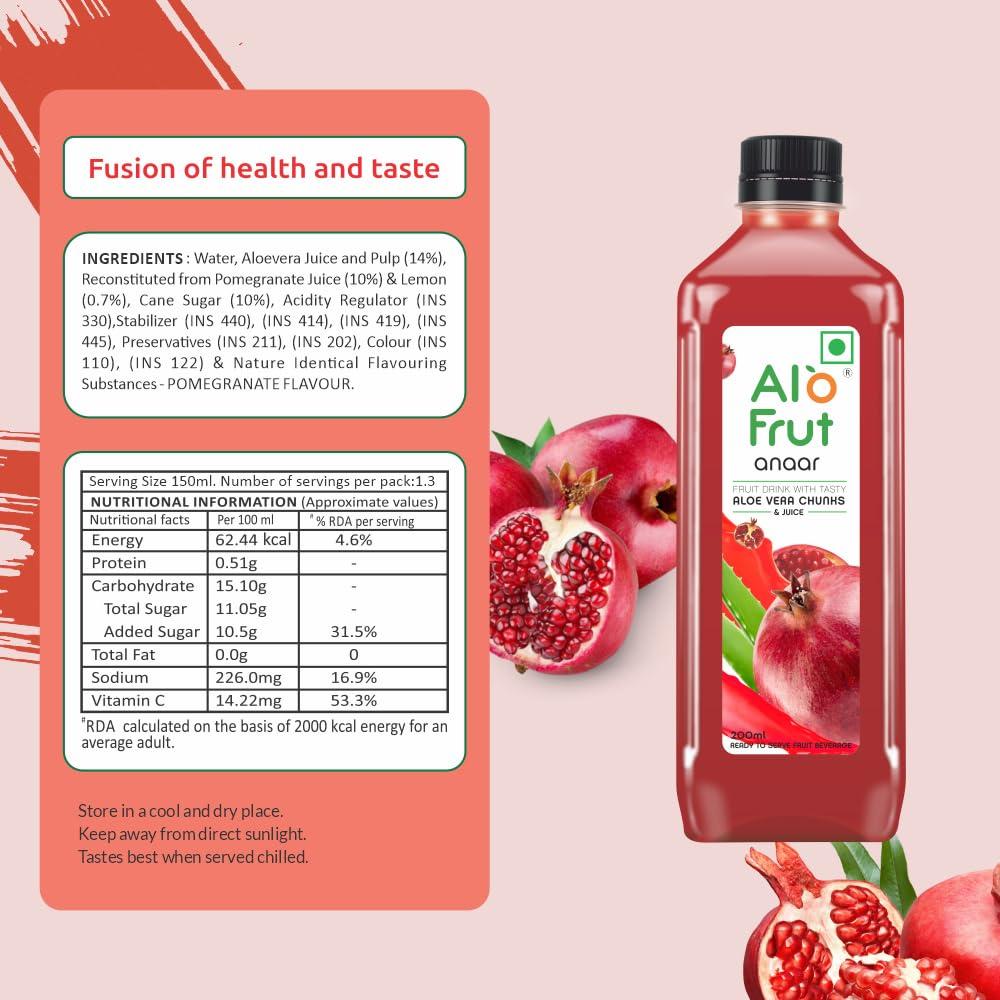 ALO FRUT Alo Frut Anaar Aloevera Juice WIth Aloevera Chunks 200ml(Pack of 48) - 1 Case | Fruit Juice WIth Aloevera Chunks | Healthy Hai Isme Aloevera Hai | Ready To Serve Drink
