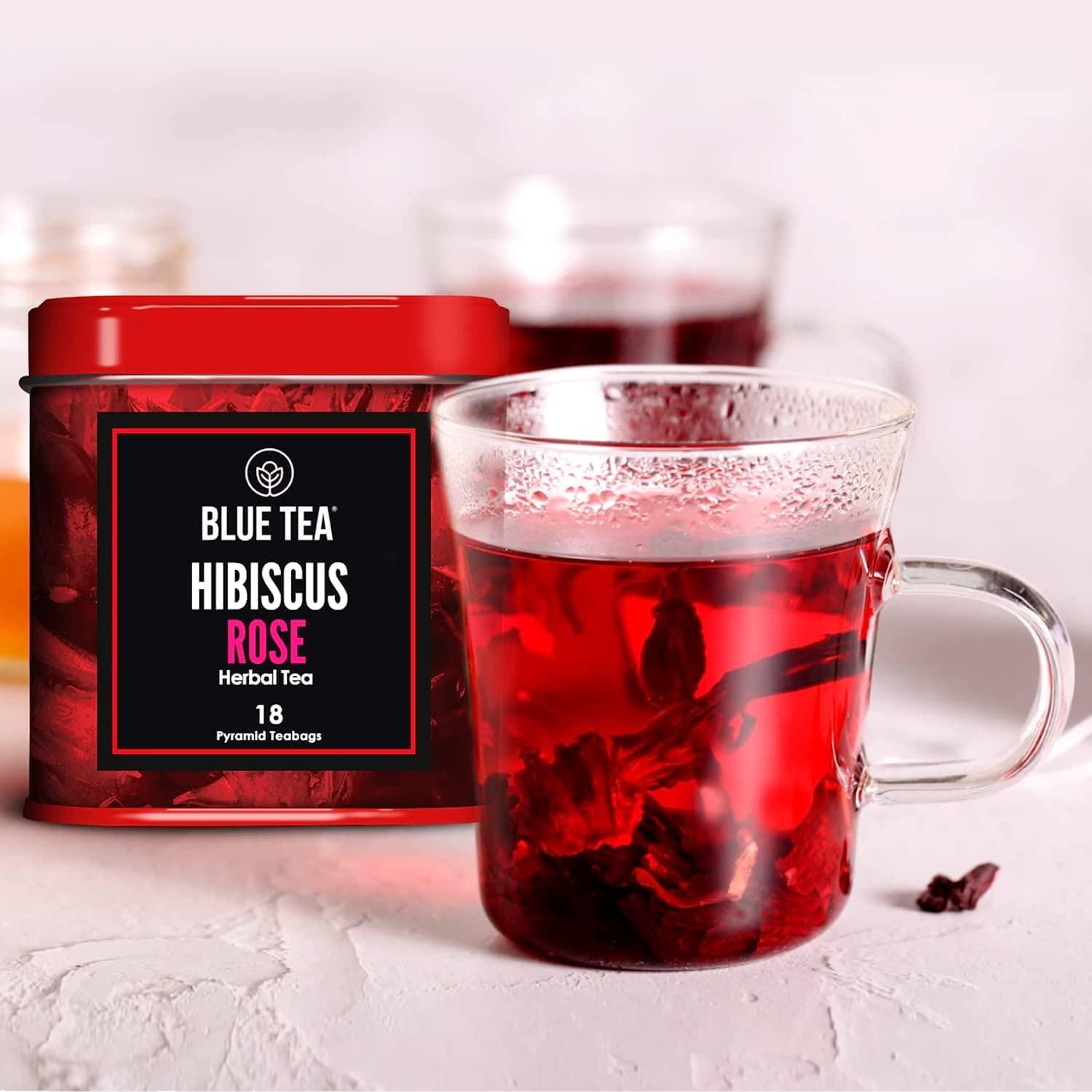 BLUE TEA BLUE TEA - Hibiscus Rose Herbal Tea  18 Tea Bags | SKIN GLOW ENHANCING TEA | Flower Based - Caffeine Free -Vegan - Gluten - Free - Non-GMO | Farm - Packed Tin Packaging