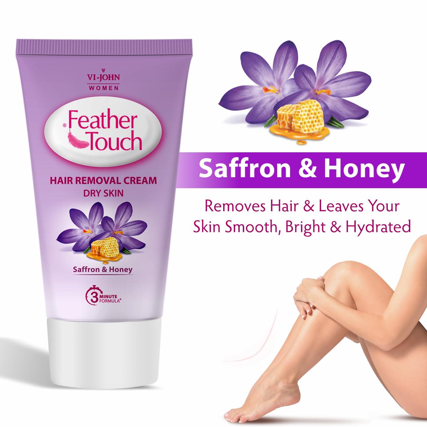 VI - JOHN VI-JOHN Feather Touch Saffron & Honey Hair Removal Cream, for Dry Skin, Suitable for Legs, Underarms, Bikini Line, Arms - 40g Pack of 4
