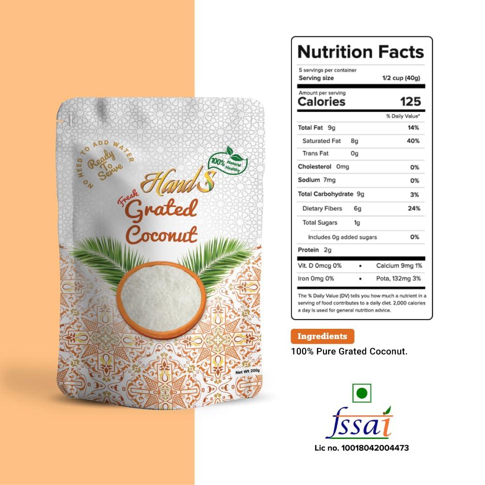 HandS HandS Fresh Wet Grated Coconut Kernel | 200 gms X Pack of 2 | No added Preservatives or Chemicals | No need to add Water | Vegan and Keto Friendly | Easy Ingredient for South Indian Dish Preparation