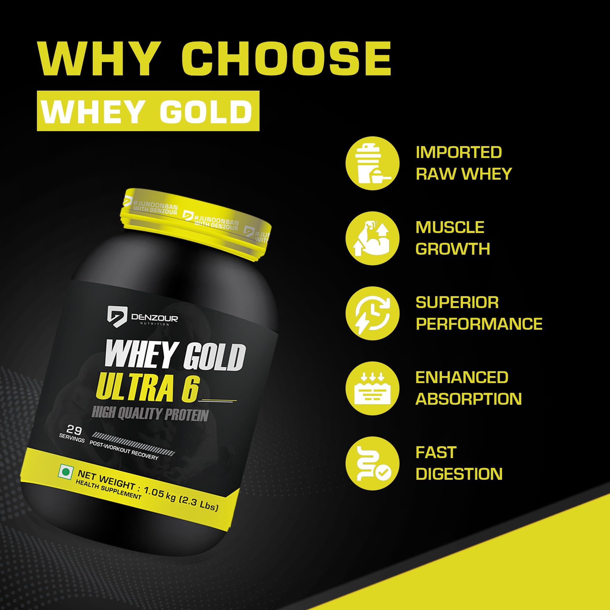 DENZOUR NUTRITION DENZOUR NUTRITION Whey Gold Ultra 6 Starter With 24g Protein | Support Muscle Growth And Maintain A Lean Physique- Dark Chocolate Flavour, 1.05 Kg/2.3 lbs (29 Servings)
