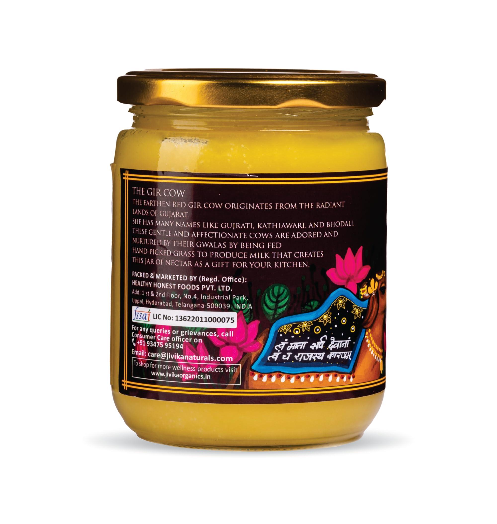 JIVIKA NATURALS Jivika Premium A2 Gir Cow Ghee 500ml | A2 Milk Tested | Vedic Bilona Method | Lab Tested | Pure Desi Cow Ghee | Hand Churned Two-way Direction | Churned from Curd | Pure Ghee | Danedar | Glass Jar