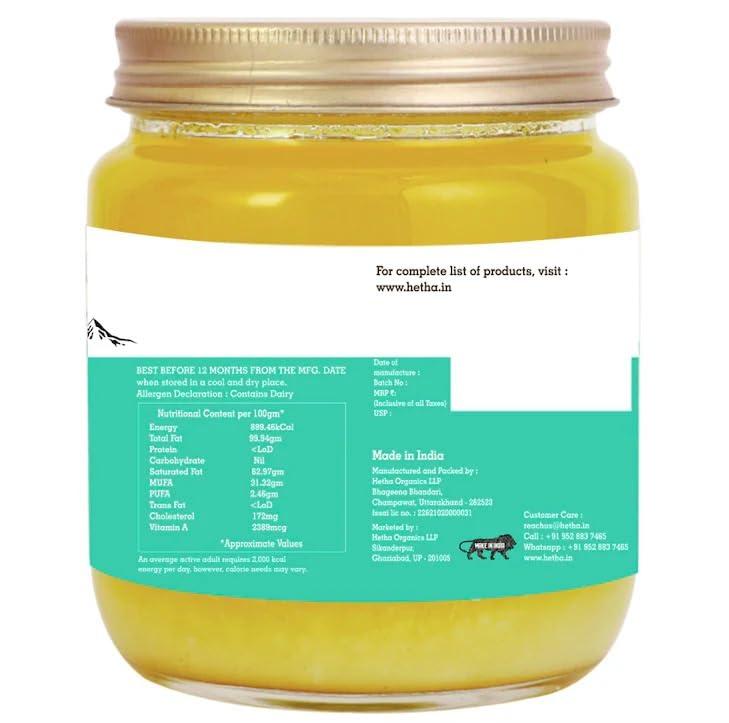 Hetha Hetha Organics Himalayan Pahadi/Badri Desi Cow Bilona A2 Cultured Ghee Made In Brass Utensil (Peetal Kadhai) Single Origin - 500Ml