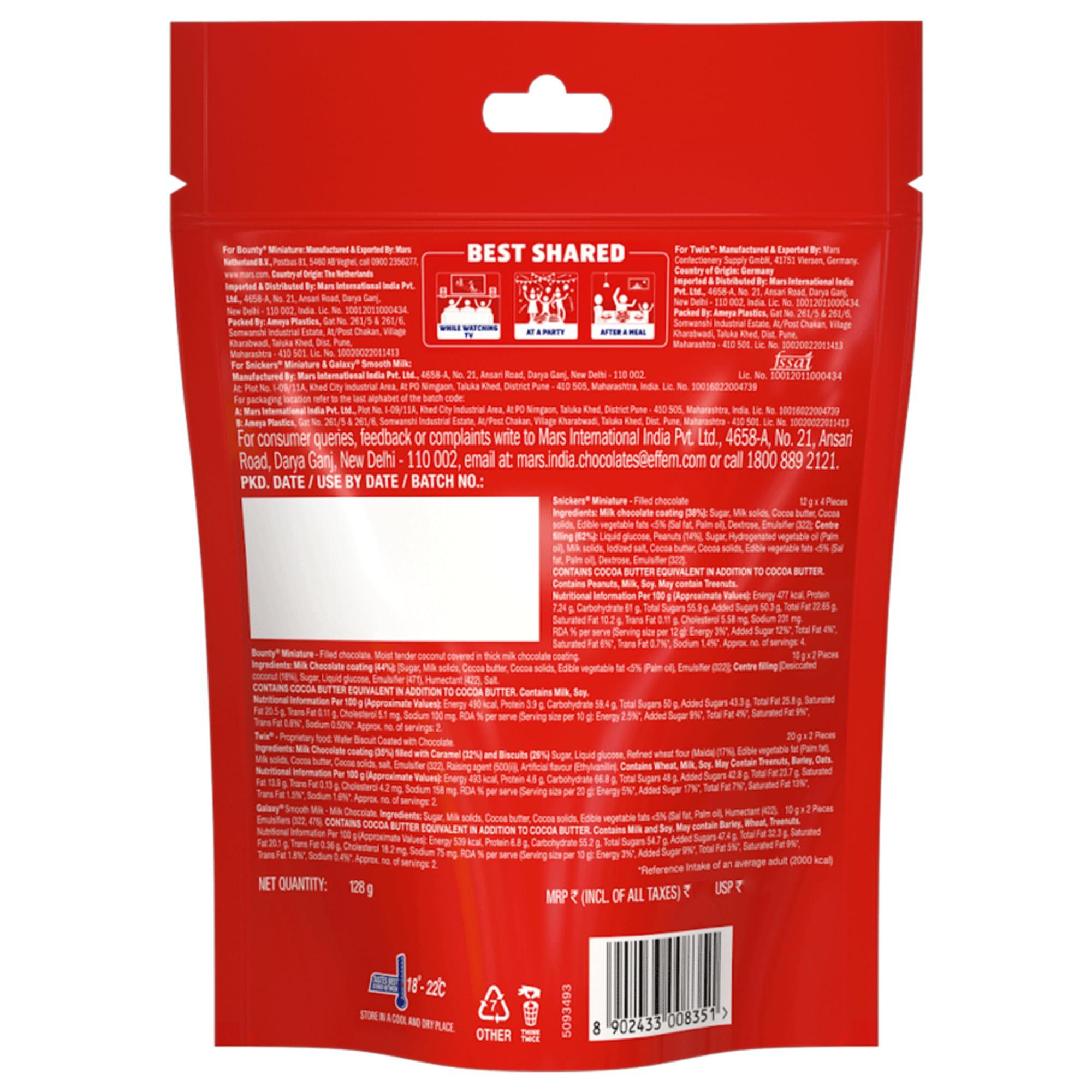 Mars Snickers Best of Minis Assorted Chocolates, Rakhi Gift Pack, Snickers Minis, Twix Minis, Galaxy Smooth Milk Minis, Bounty Minis, 128g, Pack of 3