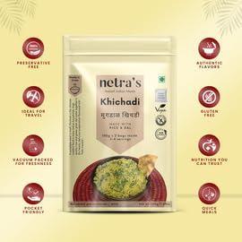 netra's netra's Instant Khichadi | 4 servings | Instant & Preservative-free | Made with rice & moong dal Instant Ready Khichdi Tadka with Ghee & All Spices | Ready to Cook | Restaurant Style Taste in Minutes 