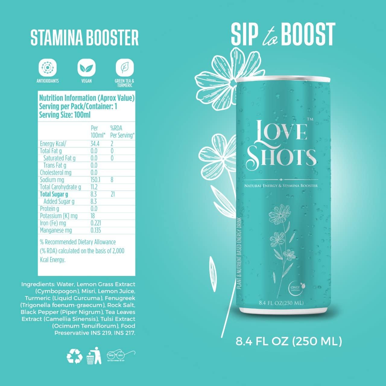 LOVE SHOTS Love Shots Energy Drink, Natural Vitamin C, Potassium, Iron, and Manganese Plant Based (B2, B3, B5, B6, and B12) | Energizing Beverage|Lemon Grass,250 ml (12 Pack Non caffeinated Natural Tuermeric Based)
