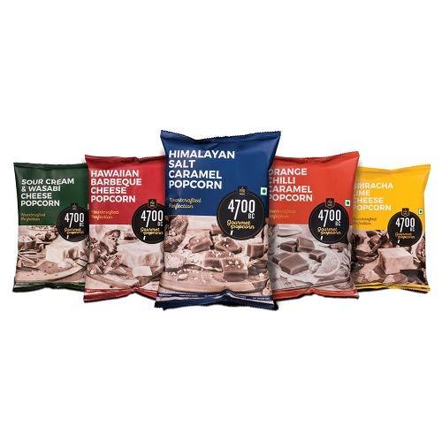 4700BC 4700BC Nutty Tuxedo Chocolate Popcorn, Tin, 125g + 4700BC Gourmet Popcorn, 5 Flavours Pack (3 Cheese, 2 Caramel), 475g
