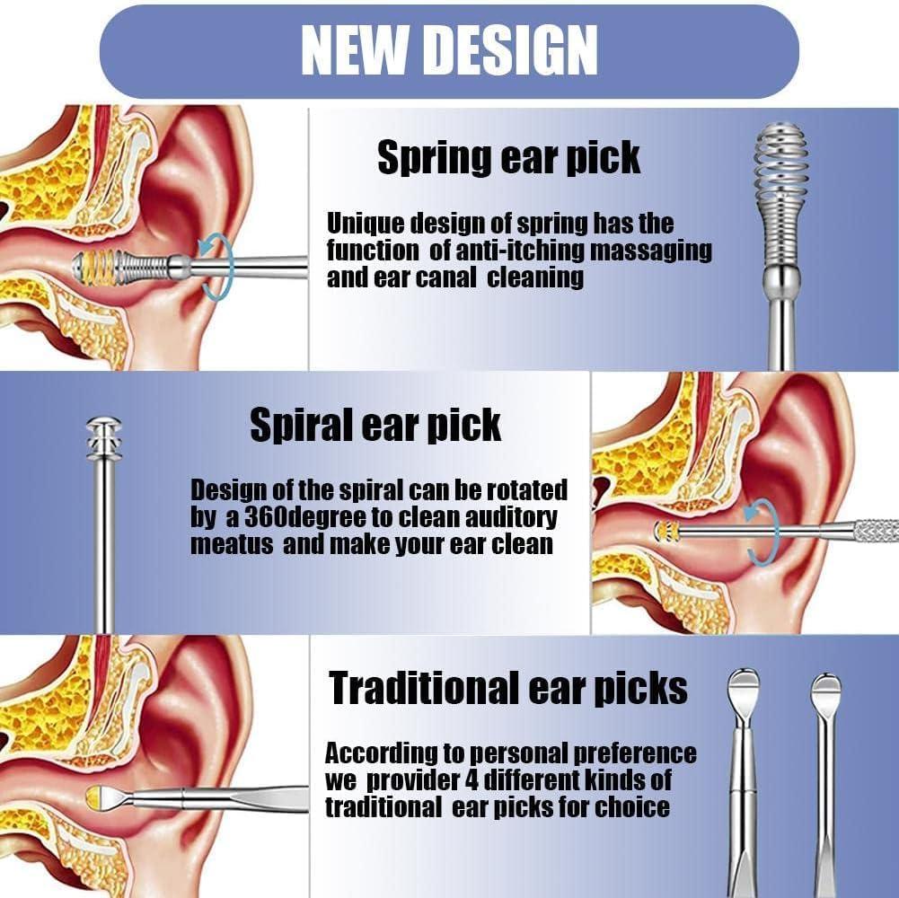 VIVUE VIVUE Ear wax cleaner tool kit set of 6 pieces Wax Removal Deeply Clean Spiral Turn Stainless Steel Cleaning Ear Care Tools with Leather Storage Box Spiral Tool Spoon Cleanser Ear Curette Cleaner (MULTI)