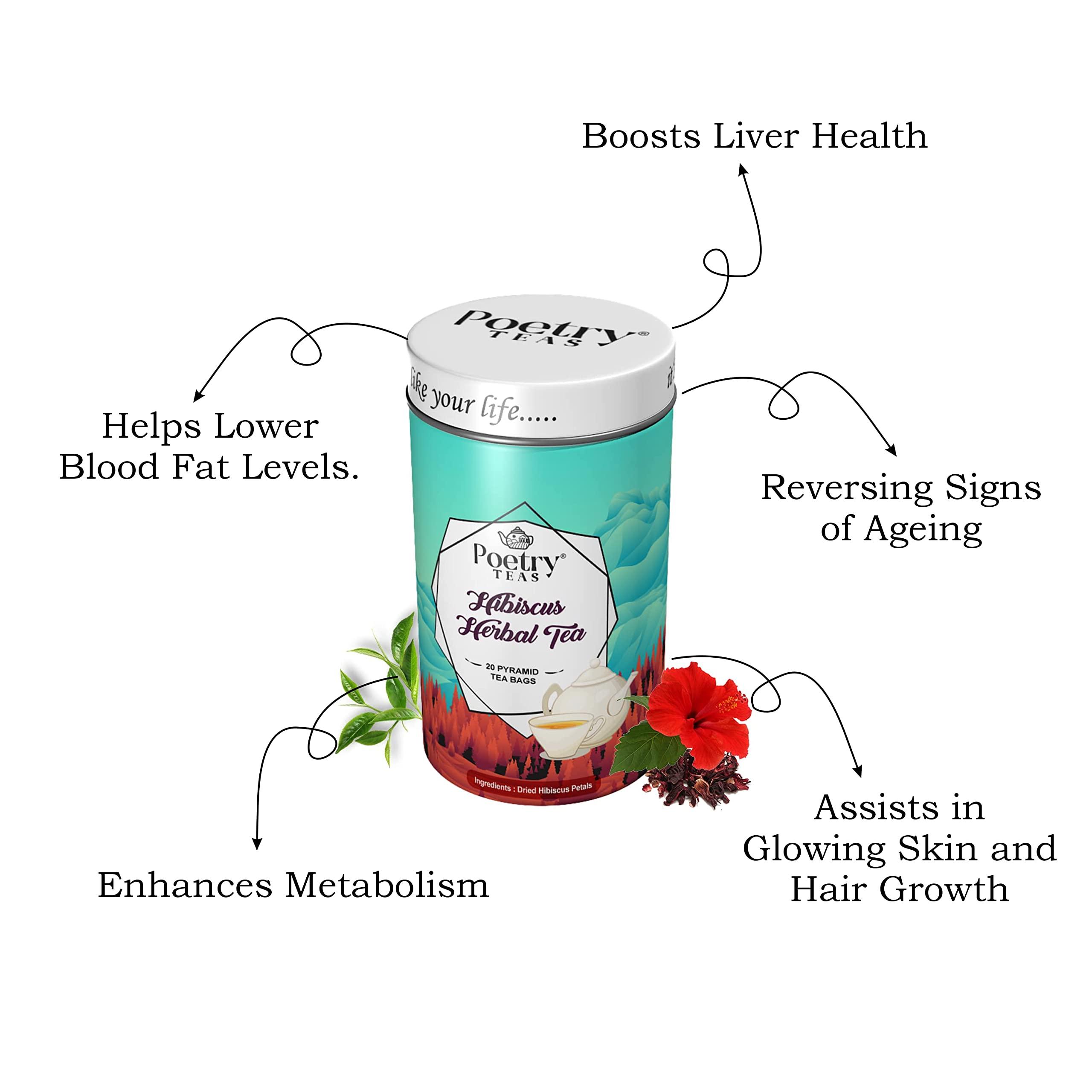 Poetry Poetry Teas Duo - Jasmine Tea Bag (20 Bags) + Hibiscus Loose Tea (75g) - 100% Natural Blend for Healthy Skin, Refreshing Immune Support, Vegan-Friendly, Mood Enhancement, Stress Buster (Combo of 2)