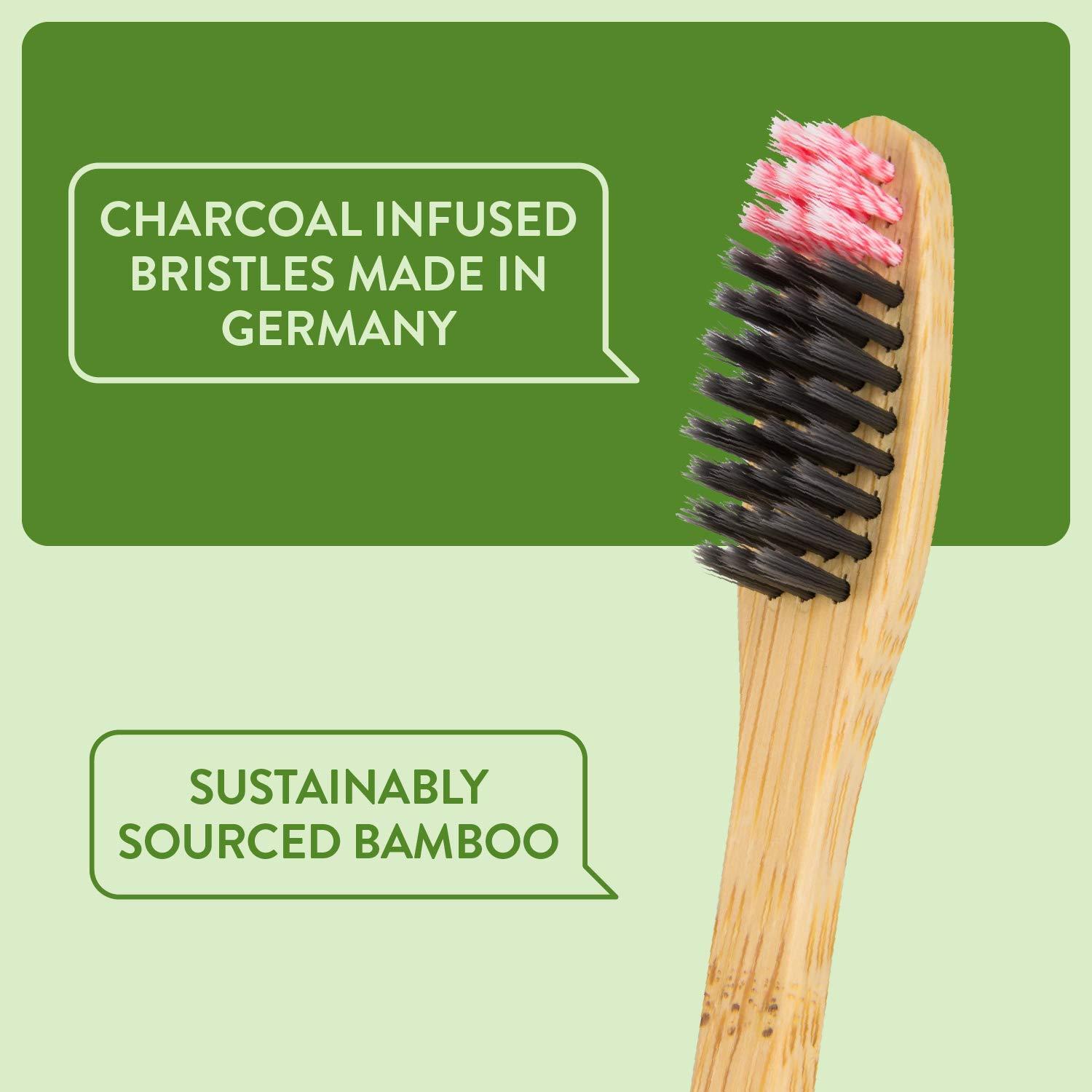 Lindo Lindo EcoGrip Charcoal Infused Bamboo Toothbrush - Soft German Made Fiber Bristles, Organic, Biodegradable and 100% Recyclable, Multi-Colored - Pack of 4