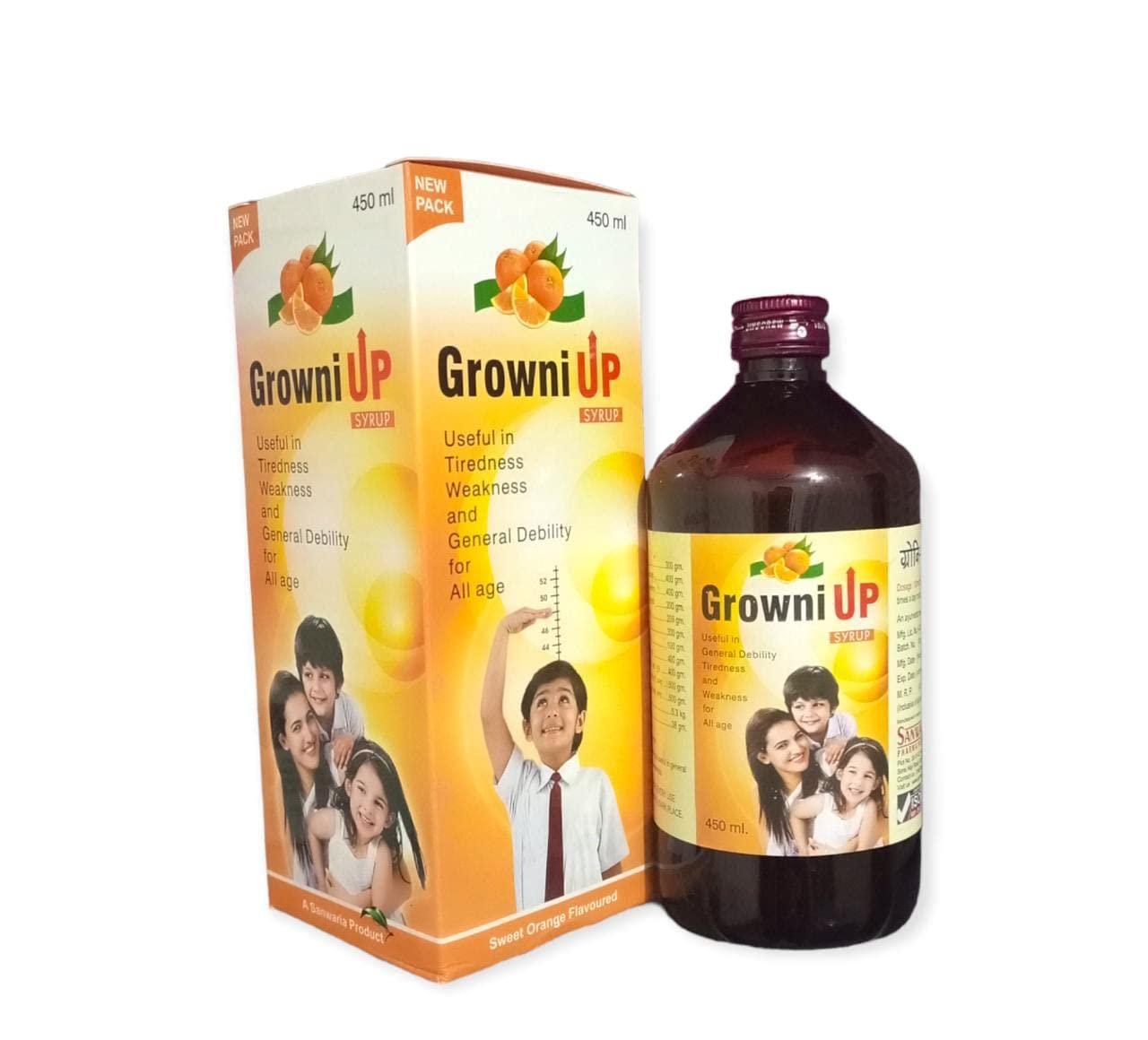 Sanwaria Pharma pvt. ltd. Growni Up Ayurvedic Tonic Useful In Tiredness, Weakness And General Debility For All Ages | Improves Haemoglobin Level - PACK OF 1 (450 ML) | Orange Flavour|