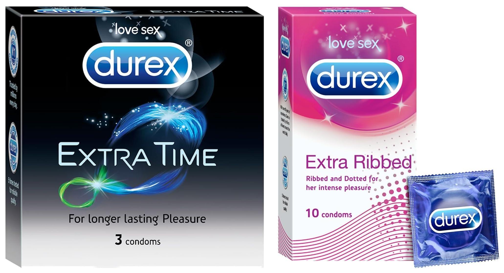 Durex Durex Condoms & Durex Extra Ribbed Condoms for Men - 10 Count |Ribbed and Dotted for Extra Stimulation|Suitable for use with lubes & toys