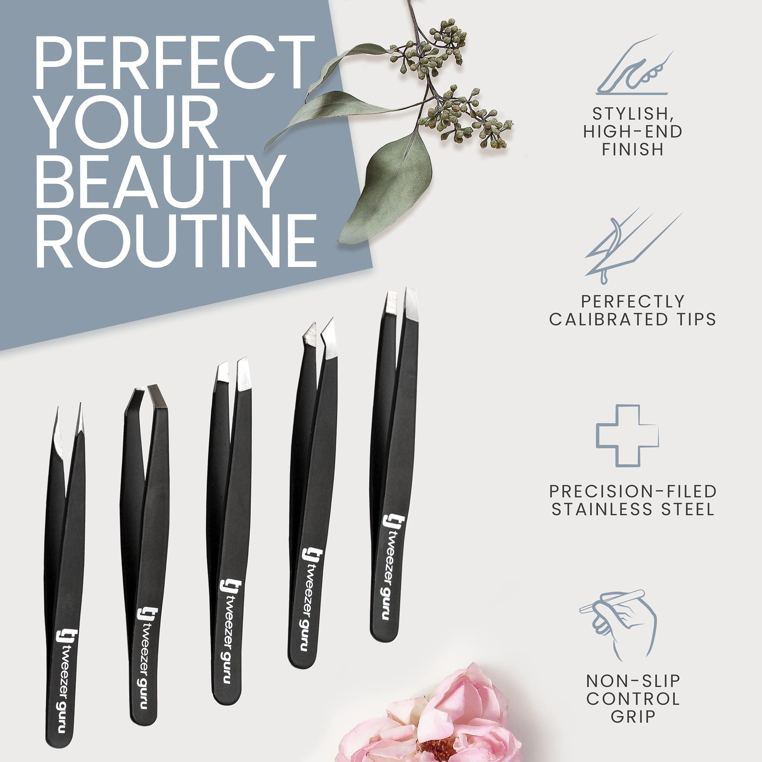Tweezer Guru Tweezers Set 5-piece - Tweezer Guru Stainless Steel Slant Tip and Pointed Eyebrow Tweezer Set - Great Precision for Facial Hair, Ingrown Hair, Splinter, Blackhead and Tick Remover (Black)