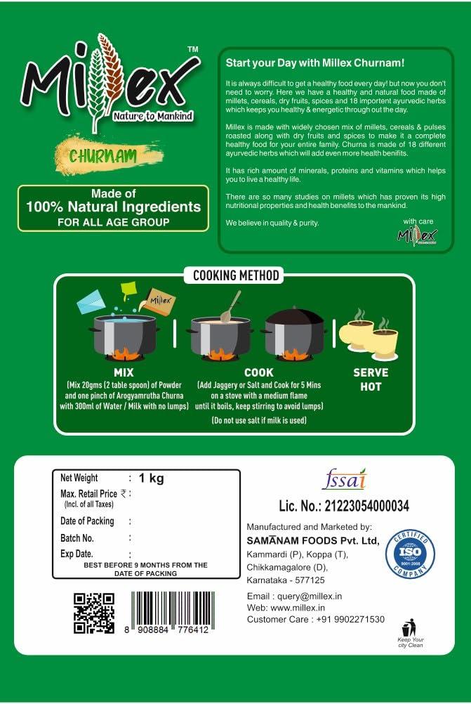 Millex Millex Millet Health Mix With Churnam 1kg | 30 Natural Nutrition and 18 Herbal Churna Ingredients | Sprouted Cereals,Nuts, & Pulses |No Sugar Organic Multigrain Nutrition Drink | |Porridge Mix