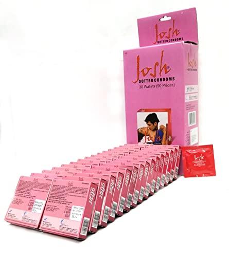 Josh Josh Pink Coloured Lubricated Dotted condoms for Sex Condoms for Men Pack of 30 Wallets (90 Condoms)