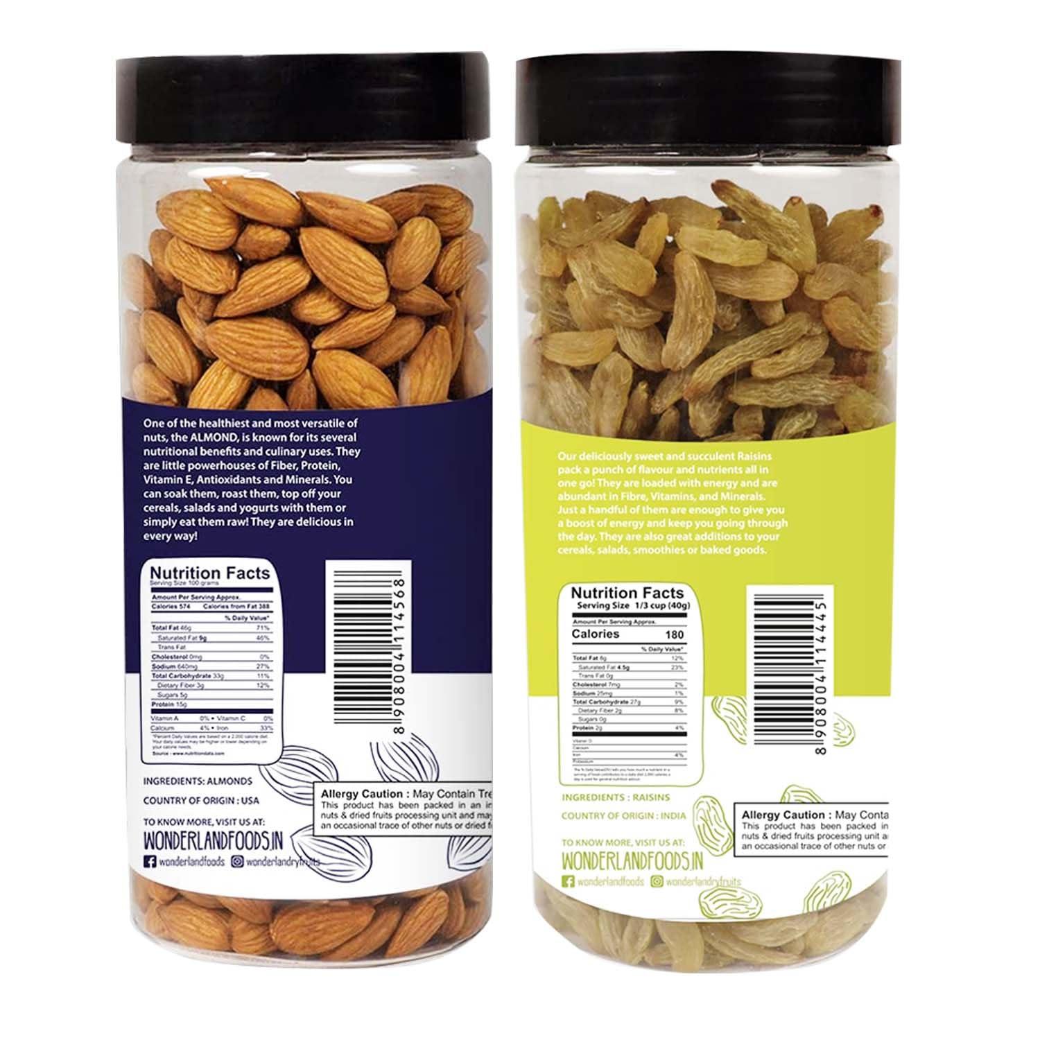 WONDERLAND FOODS (DEVICE) WONDERLAND FOODS (DEVICE) Premium Dry Fruits Combo Pack of California Almonds (NP) + Raisin 1Kg (500gX2) Reusable Jar