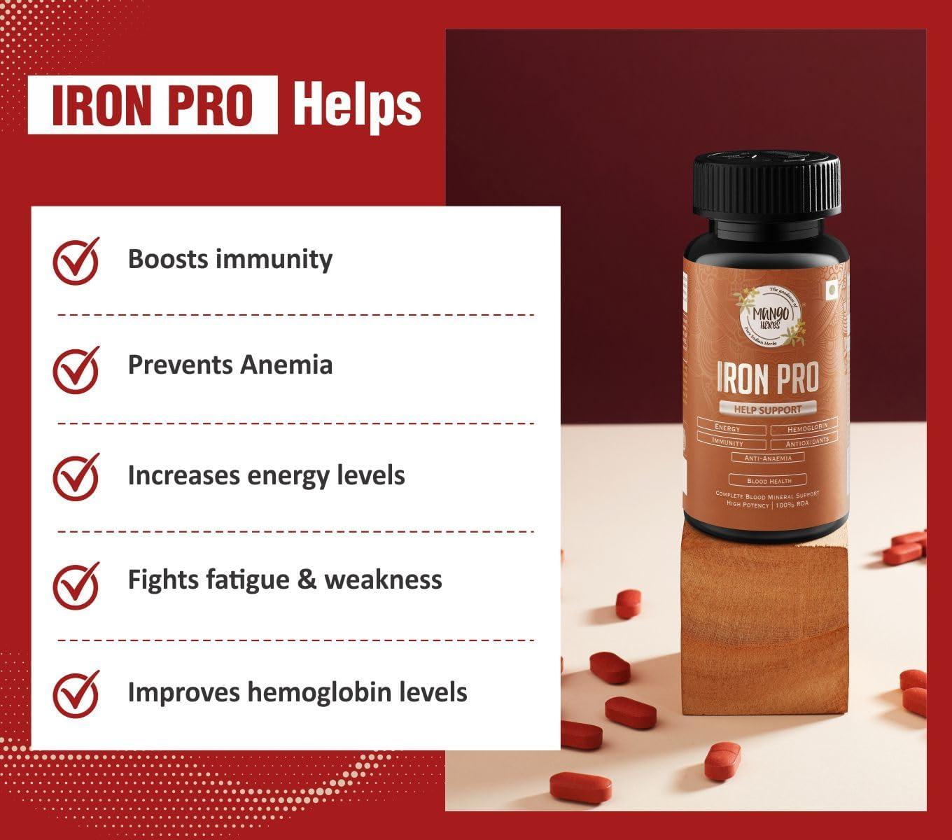 MANGO HERBS Mango Herbs Iron Pro: Iron Deficiency Supplement | Chelated Iron Bisglycinate, Vitamin B12, Folic Acid, Vitamin C & Zinc| Fights Anemia, Low Hemoglobin levels, Fatigue, Weakness & Strengthens Immunity | 60 Veg Tablets