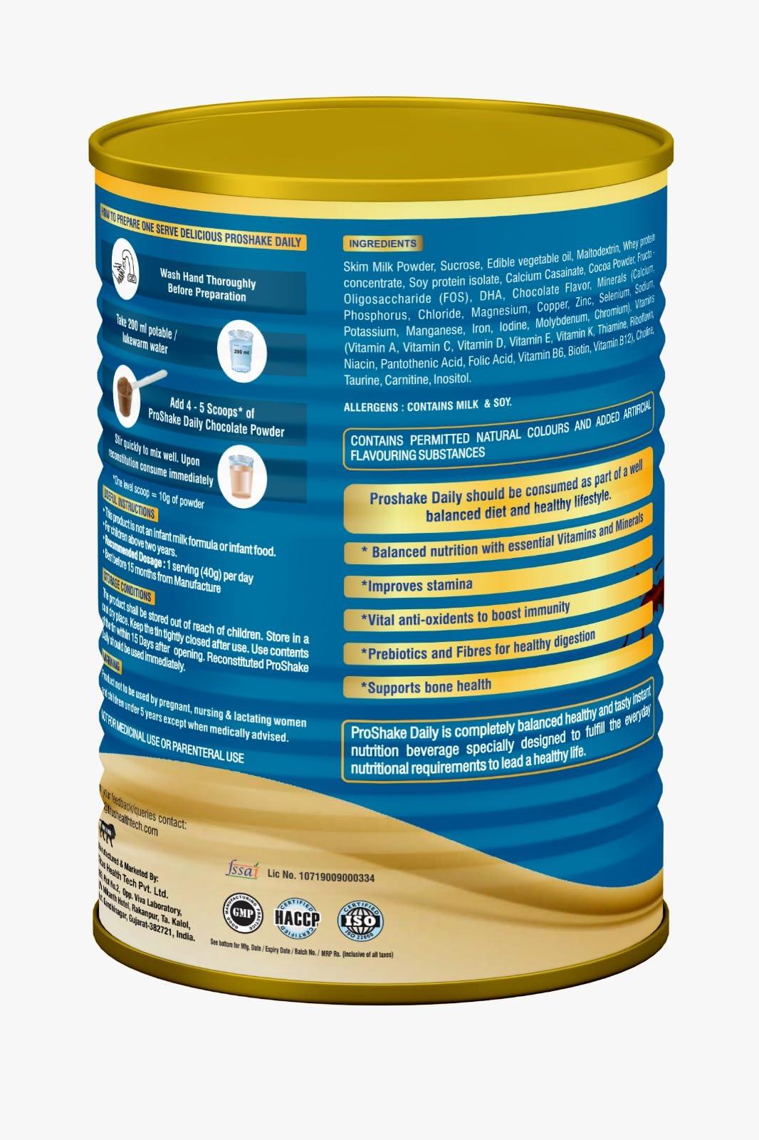 Proshake ProShake Daily | Family Nutrition, Complete and Balanced Nutrition Supplement For Adult and Elderly Humans, 100% Vegetarian Source, Chocolate Flavor, 400 gm Tin Pack