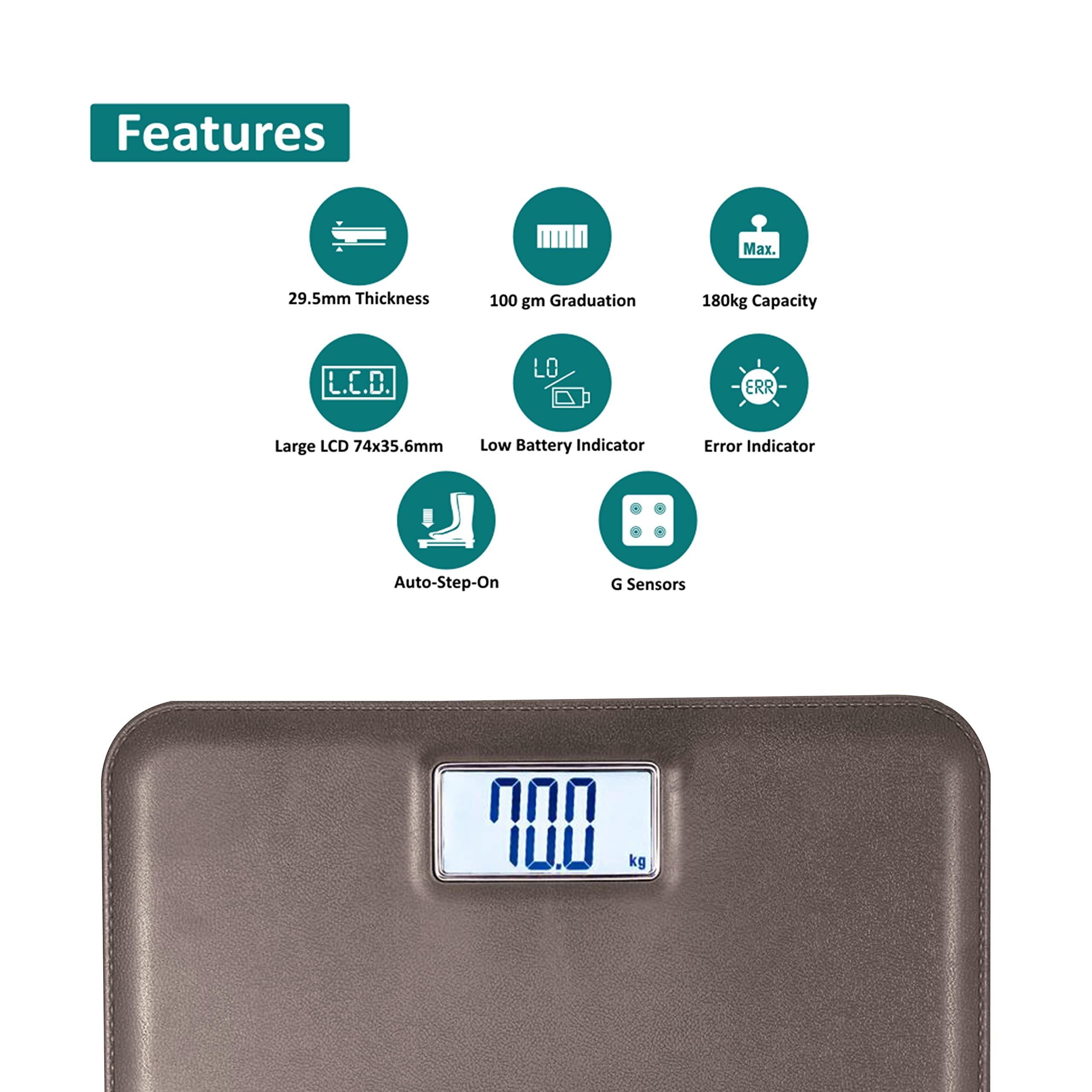Equinox Equinox Personal Digital Weighing Scale EQ-EB-6171L for body weight, Leather look with ABS platform, Large LCD display with Backlight, Ultra Lightweight, 18 months warranty (Brown)