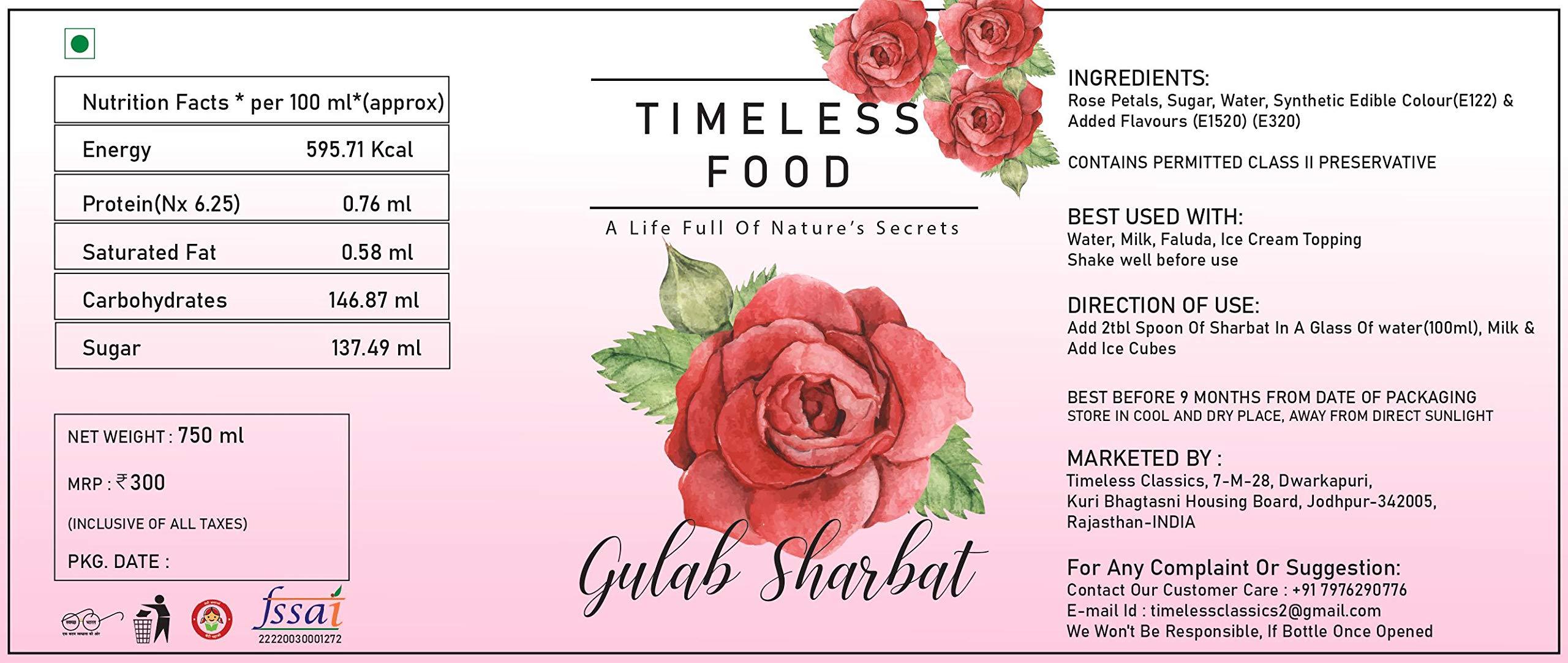 Timeless Food Timeless Food : Gulab Sharbat, Rose Syrup From Natural Rose Petals, 750 Ml, 1000 grams