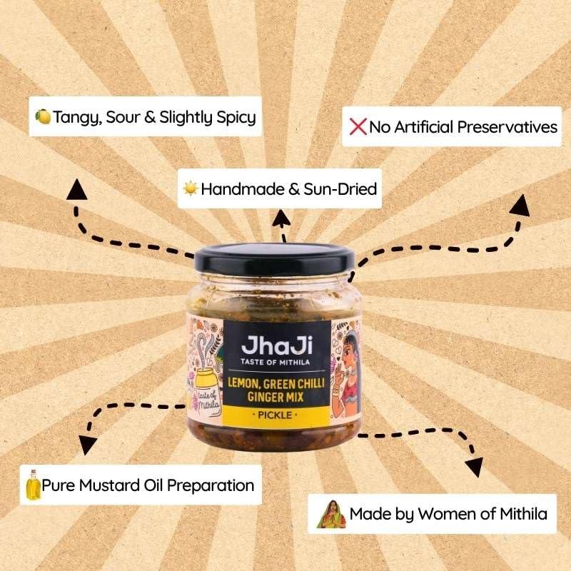JhaJi - Taste of Mithila JhaJi - Taste of Mithila Lemon,Ginger & Green Chili Mixed Pickle|Neembu Adrak Mirch Ka Khatta Achar|Tangy,Sour|No Vinegar|Sun-Dried. No Preservatives & Colors|Bihari-Style Homemade Pickle,500G