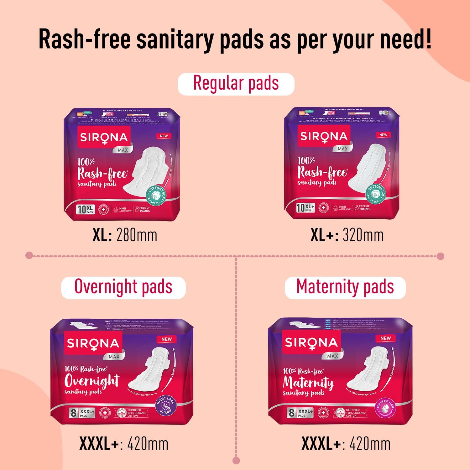 Sirona Sirona Max Sanitary Pads for Women | XL Plus (Pack of 4 Pads) | 100% Rash Free & Toxic-Free | Organic Cotton Sanitary Pad | Up to 0% Leakage, Comfortable & High Absorbency