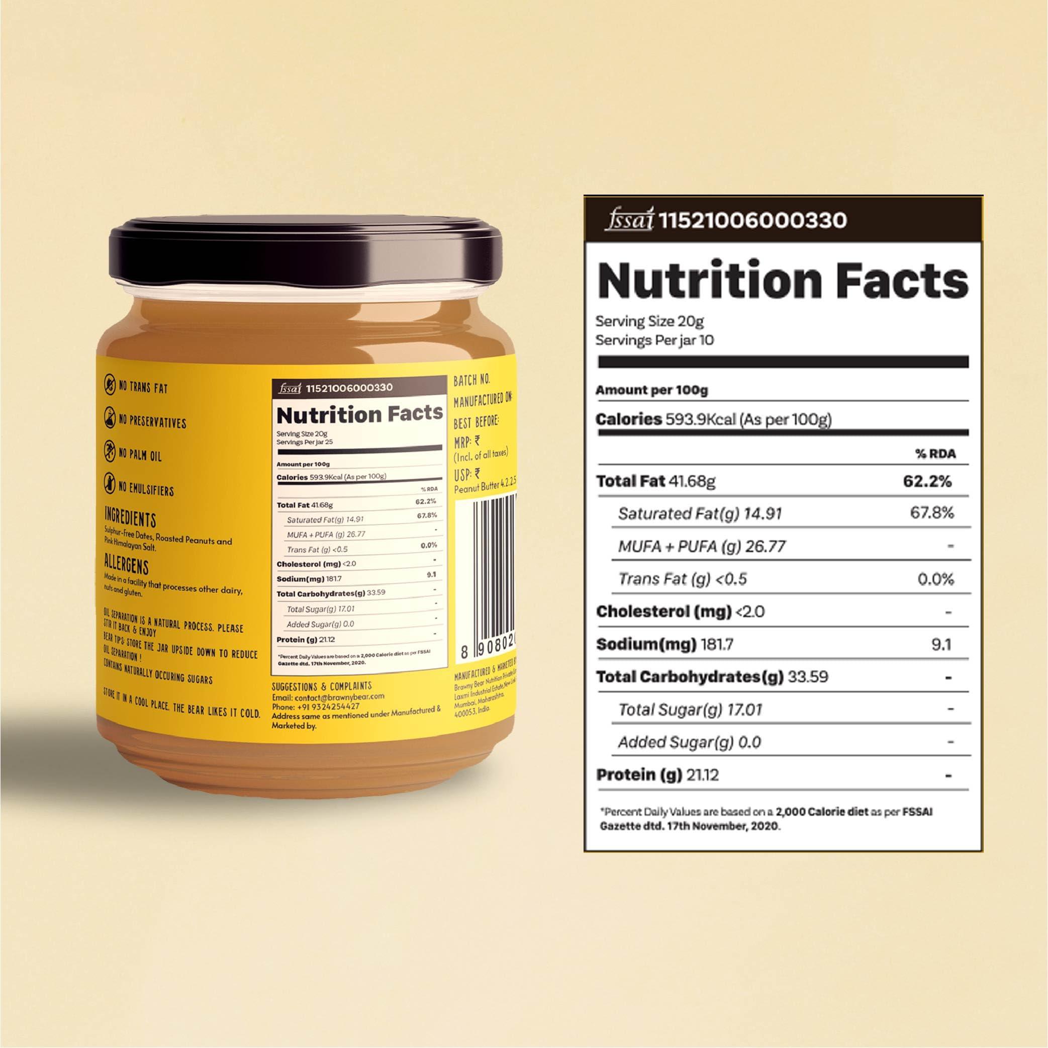 Brawny Bear Brawny Bear Peanut Butter, 100% Natural Sweetened with Dates, Smooth Healthy Nut Butter with No Added Sugar and Preservatives, Low GI, Vegan, High in Protein Spread  200 gm