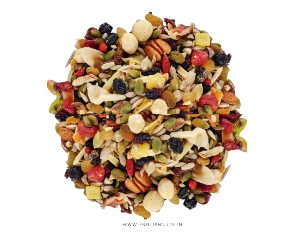 ENGLISH NUTS-THE DRY FRUITS HOUSE ENGLISH NUTS-THE DRY FRUITS HOUSE Mixed Berries, Nuts And Seeds - Super Trail Mix | 10 + Varities Of Assorted Dry Fruit Mix With Berries, Nuts, Seeds & Fruits| Brian Food | 1 Kg