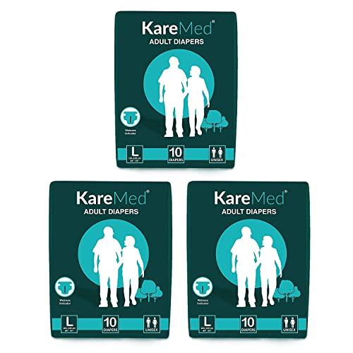 Kare Classic Adult Diapers, Large, Waist Size 101-139 Cm (40"-55"), Tape Style, Unisex, High Absorbency, Leak Proof, Wetness Indicator, 10 Count (3)