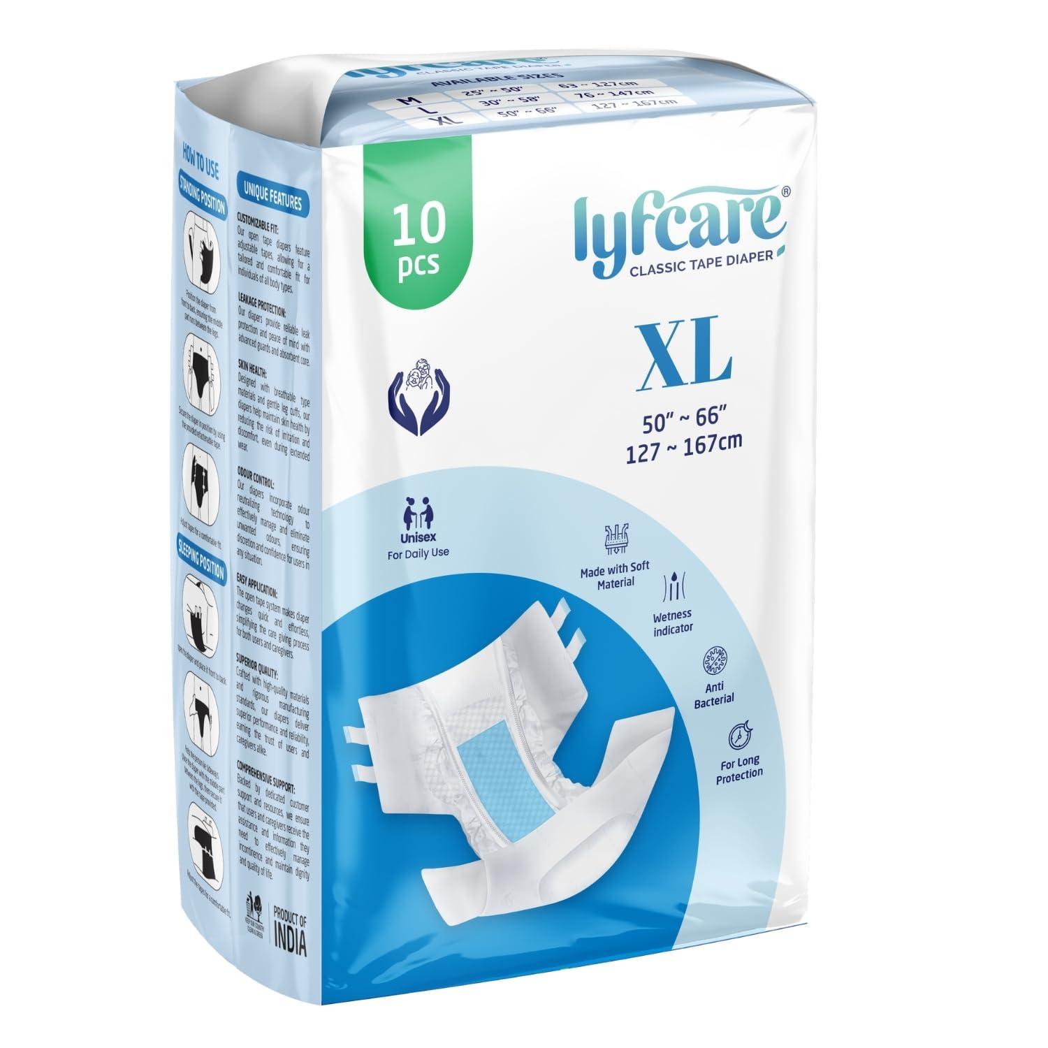 lyfcare Lyfcare Open Tape Adult Diaper Extra Large (XL) - 10 Units | Unisex Diapers Open Tape Style | Waist (127-167 cm) | Wetness Indicator, Super absorb, 360 Protection & 0% Leakage | For Men & Women