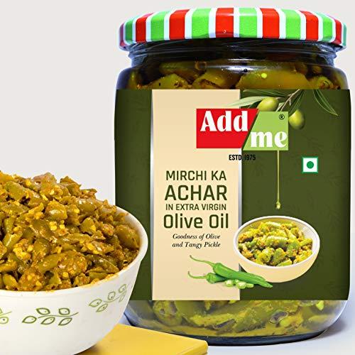 Add me Add me Home Made Green Chilli Pickles in Extra Virgin Olive Oil, 500 gm Mirch ka Achar 500gm Glass Jar