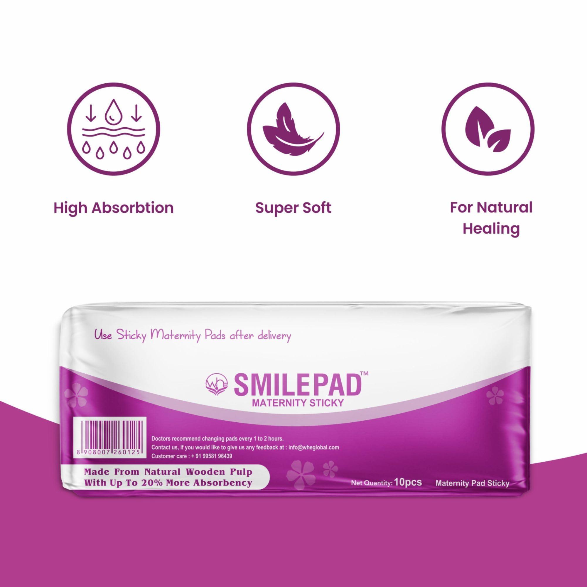 SMILE PAD Smilepad Sticky Maternity Pads for Women Post Pregnancy, Soft and Rash Free, Pack of 10 Delivery Pads - Perfect for Heavy Postpartum Bleeding, Active Moms, C-Section Recovery, Sensitive Skin