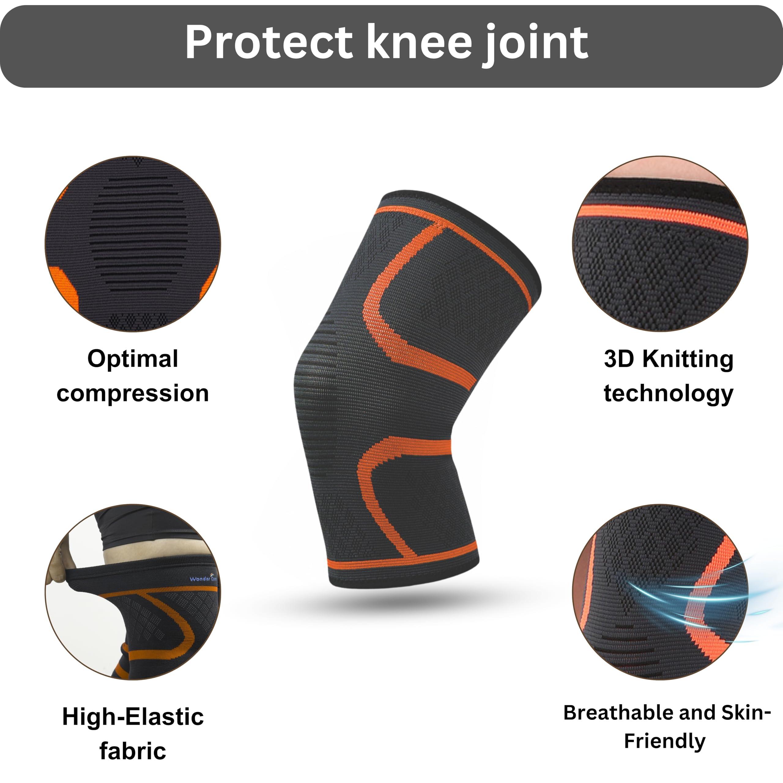 Wonder Care Wonder Care pack of 2 Knee Sleeve Knee Brace Compression Knee Sleeve For Men And Women Knee Support Running Knee Sleeve Workout Knee Sleeve Gym Hiking Sports Running Gym [Grey-Orange, XL 1 Pair(2pcs)]