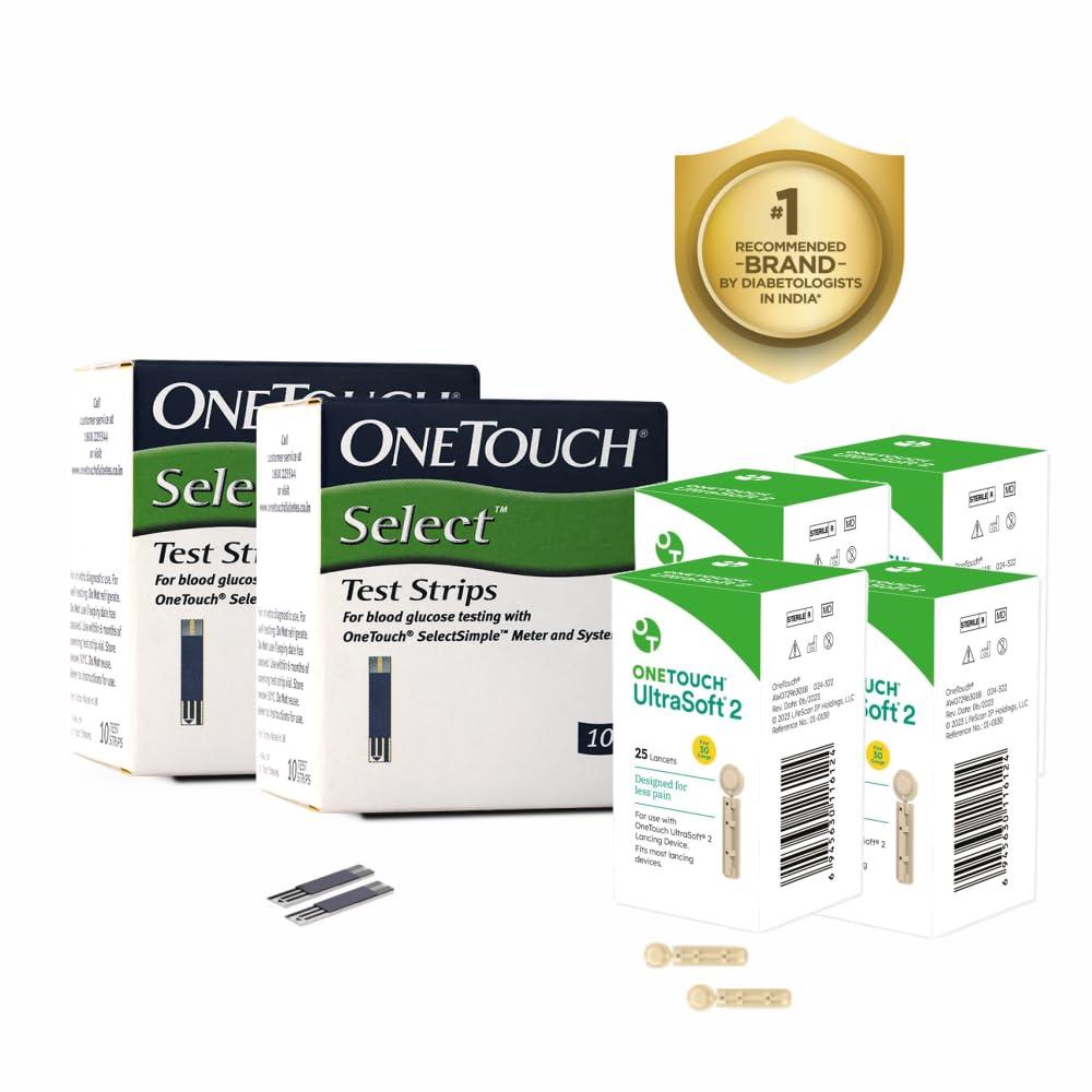OneTouch OneTouch Select Test Strips | Pack of 100 Strips with 100 OneTouch Ultrasoft Lancets | Blood Sugar Test Machine Testing Strips | Global Iconic Brand | For use with OneTouch Select Simple Glucometer
